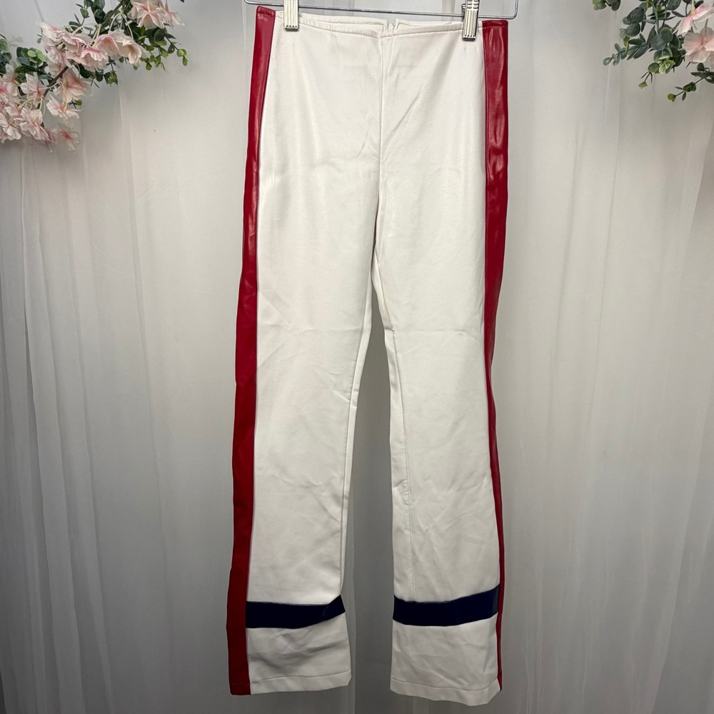 Fashionplate Faux Leather Racing Pants White Red Blue Moto High Waist Small USA
